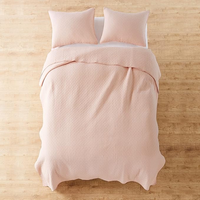 Levtex Home Cross Stitch Reversible King/Cal King Quilt Set (106x92in) and 2 Pillow Shams (36x20in) - Stitch Texture - Blush - Cotton King Size Quilt Bedding Set - Lightweight Soft Pre-Washed