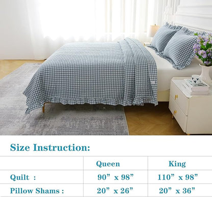 Dust Blue White Ruffle Gingham Quilt Set Queen Size with 2 Pillow Shams, 100% Washed Cotton Yarn-Dyed Quited Bedspread Farmhouse Bedding Set (Dust Blue, Queen) | Ruffle quilt, Gingham quilt, 100% washed cotton