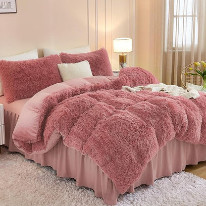 Andency Fluffy Old Pink Comforter Set Full Size, 3 Pieces Winter Faux Fur Warm Soft Fuzzy Plush Bedding Comforter Set (1 Velvet Comforter & 2 Pillowcases), Thick Heavy Comfy Comforters Bedding Set
