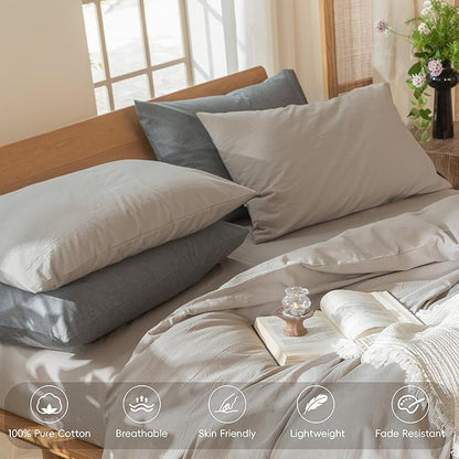 MooMee Bedding Pillowcases Pack of 2 100% Washed Cotton Linen Like Textured Breathable Durable Soft Comfy (Solid Light Tan, Standard)