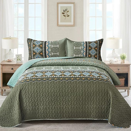 WONGS BEDDING Green Boho Quilt Set Full,3 PCS Fall Quilt Bedspread Lightweight Geometry Printed Coverlet Set with 2 Pillowcase,Soft Bohemian Bedding Set 78"×90"