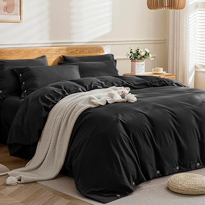 JELLYMONI Cotton Duvet Cover Cal King Size - Pure Black Comforter Cover with Button 100% Washed Cotton 3PCS Breathable Soft Solid Bedding Set Duvet Cover 104×98in & 2 Pillowcases (NO Comforter)