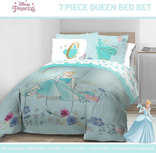 Jay Franco Kids Comforter Set Includes Sheets and Pillow Covers - Soft and Cozy Bed Set for Stylish Room Decor, Official Licensed Bedding, Blue - Cinderella, 7 Piece Queen
