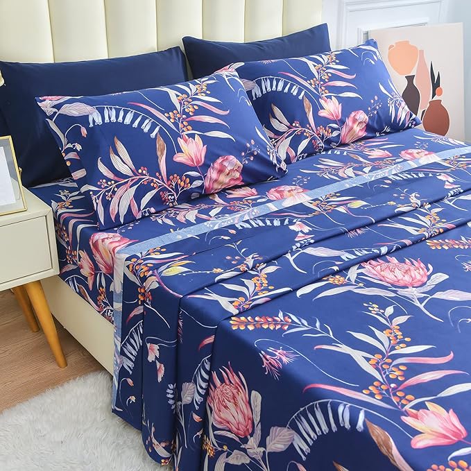 JSD Navy Floral Sheet Set Twin Size, 3 Piece Printed Microfiber Sheets Extra Deep Pocket Wrinkle Free