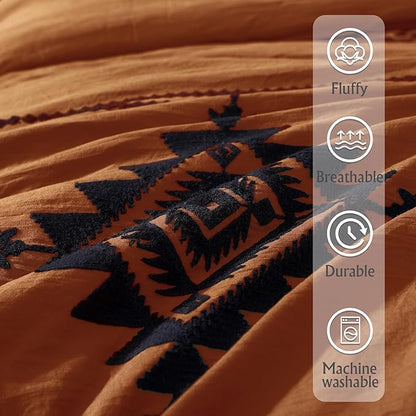 MaiRêve Embroidery Comforter Set, Boho Farmhouse Western Bedding Set, All Season Bed in A Bag Comforter Set with Sheets, Pillowcases & Shams, Burnt Orange King 7 Pieces