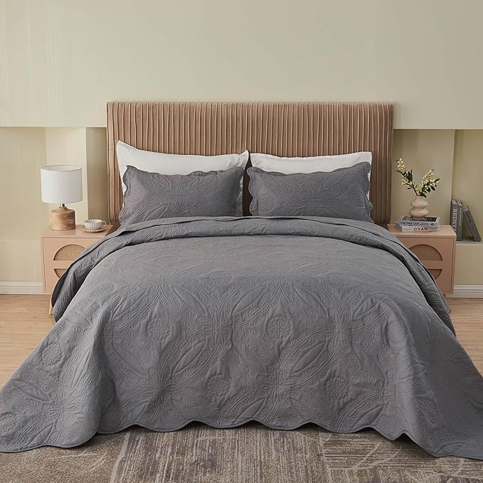 Kingnex Oversized King Bedspreads 128x120 Extra Wide for Tall King or Cal King Bed Ultrasonic Quilted Coverlet Set 3 Piece Include 1 Quilt 2 Pillowcases Dark Grey