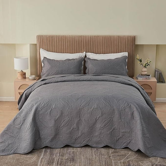 Kingnex Oversized King Bedspreads 128x120 Extra Wide for Tall King or Cal King Bed Ultrasonic Quilted Coverlet Set 3 Piece Include 1 Quilt 2 Pillowcases Dark Grey