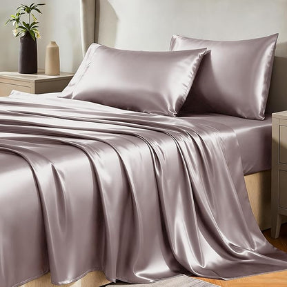 CozyLux Satin Sheets King Size Sheet Set - 4 Piece Silky King Sheets, Luxury Dusty Purple King Bed Set with Smooth and Soft Microfiber, Includes 1 Fitted Sheet, 1 Flat Sheet and 2 Pillowcases