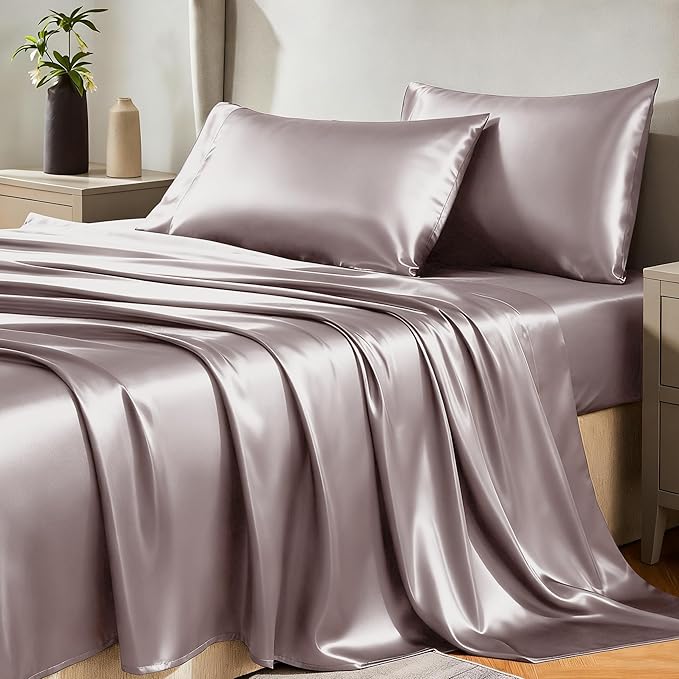 CozyLux Satin Sheets Queen Size Bed Set - 4 Piece Silky Queen Sheet Set, Luxury Dusty Purple Queen Sheets with Smooth and Soft Microfiber, Includes 1 Fitted Sheet, 1 Flat Sheet and 2 Pillowcases