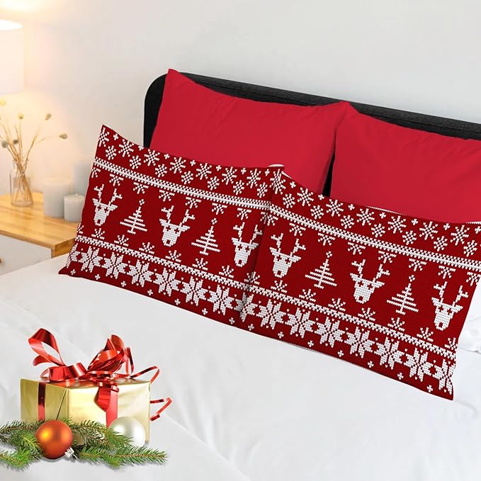 YIYEA Christmas Pillow Cases Queen Size Set of 4, Ultra Soft Double Brushed Microfiber Red Pillowcases and Christmas Reindeer Pillow Covers, Envelope Closure, Fade Resistant (20"x30")