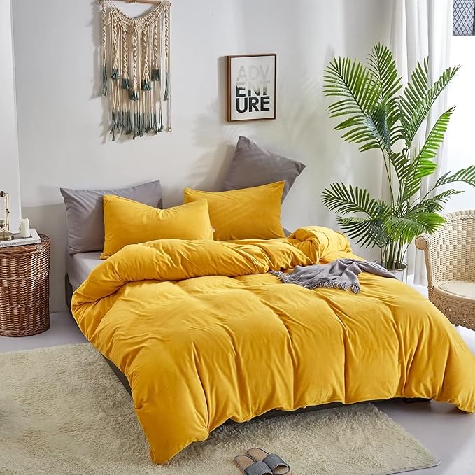 Houseri Velvet Comforter Set - Twin Girls & Boys Fluffy Bedding - Dark Yellow Sherpa & Mustard Fuzzy Flannel Plush Comforters