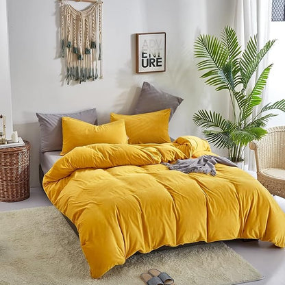 Houseri Yellow Velvet Comforter Full Size, 3 Piece Mustard Yellow Bedding Sets Full Solid Color Fluffy Warm Soft Sherpa Flannel Bed Set Girls Boys Dark Yellow Plush Fuzzy Furry Dorm Quilt Blanket Full