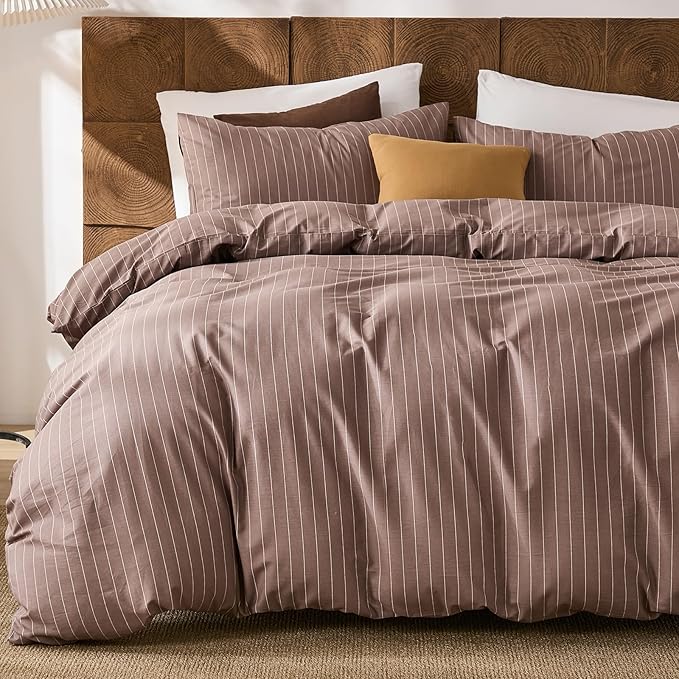 Merryword 100% Cotton Duvet Cover Set Queen Size, Brown Pinstripe Bedding Set with 2 Pillowcases, Soft Breathable Comforter Cover, Natural Cotton Linen Like Bedding Set for Cozy Home Bedroom