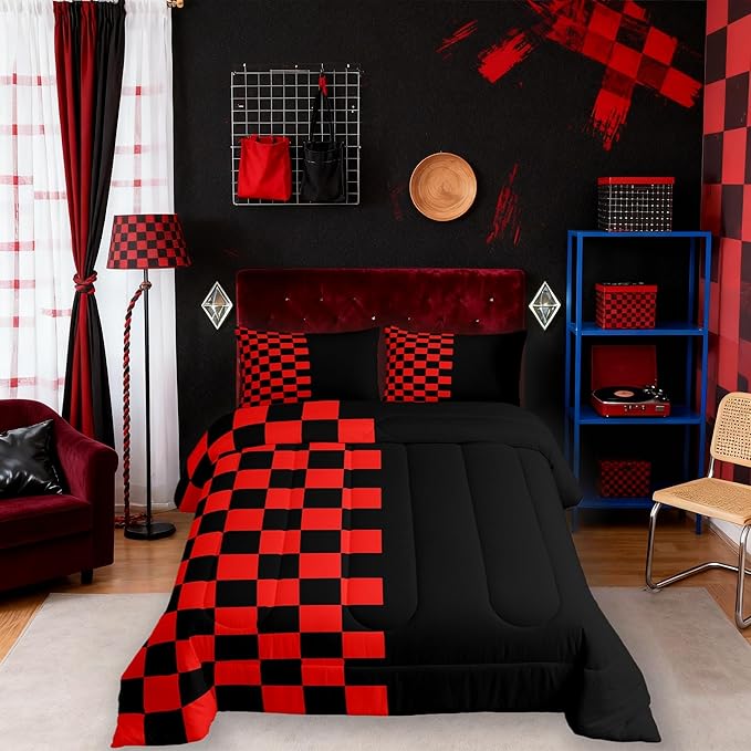 Geometric Lattice Kids Bedding Set King Size,Video Games Check Lattice Comforter Set，Grid Fashion Simple Quilt Comforter,Black Red Bedroom Duvet Insert,2 Pillowcases