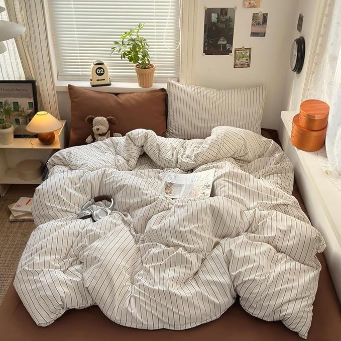 Striped Comforter Set Queen 3 Pieces Beige Stripes Bedding Set, Beige Khaki Brown Striped Design, 100% Microfiber, Super Soft Lightweight Comforter with 2 Pillowcases, All Season