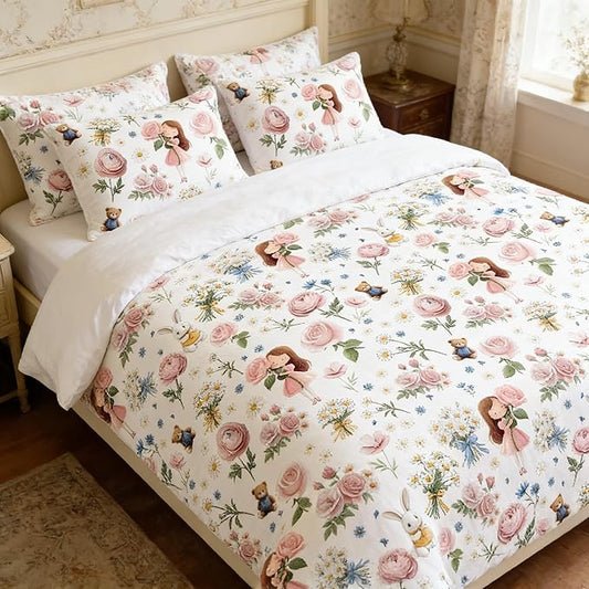 Pink Floral Bed in A Bag King for Girls, 5Pcs Pink Rose Bedding for Kids Kawaii Bedroom Decor, Cute Priness Girly Rabbit Bear Comforter Set with 2 Pillowcases, 104"x90"