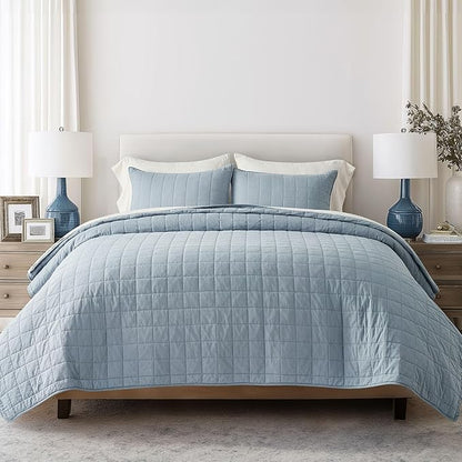 EVERGRACEHOME 100% Cotton Box Stitch Quilt Bedding Set King Size 3 Pieces, Garment-Washed Lightweight Soft Cozy Coverlet, Oversized Quilted Bedspread Sets with 2 Shams for All Season, Blue Linen