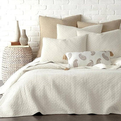 Levtex Home - Cross Stitch Quilt Set - 100% Cotton - King Quilt (106x92in.) + 2 King Shams (36x20in.) - Cream