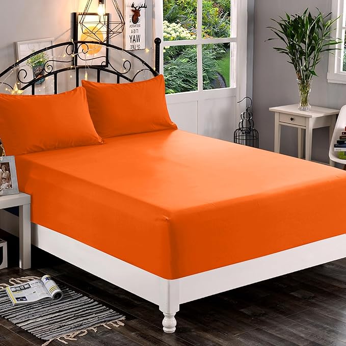 Elegant Comfort 1500 Premium Quality Fitted Sheet Ultra Soft 18-24 Inch Extra Deep Pocket - Single Fitted Sheet for High Mattress - Wrinkle Free with Smart Storage Pockets, Full, Orange