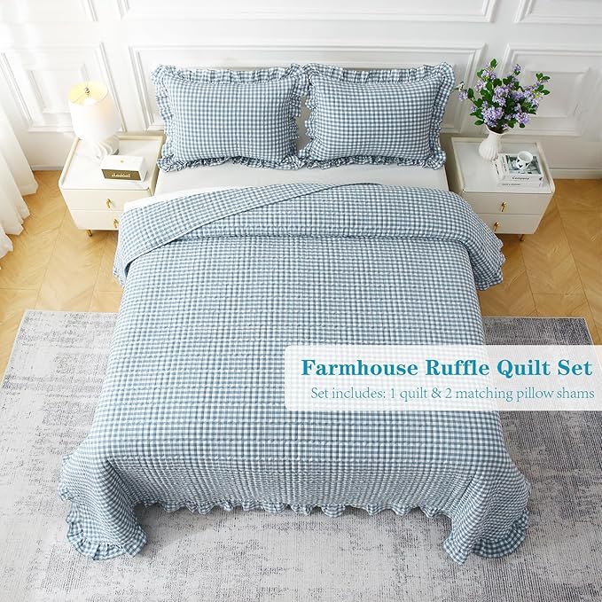 Dust Blue White Ruffle Gingham Quilt Set Queen Size with 2 Pillow Shams, 100% Washed Cotton Yarn-Dyed Quited Bedspread Farmhouse Bedding Set (Dust Blue, Queen) | Ruffle quilt, Gingham quilt, 100% washed cotton
