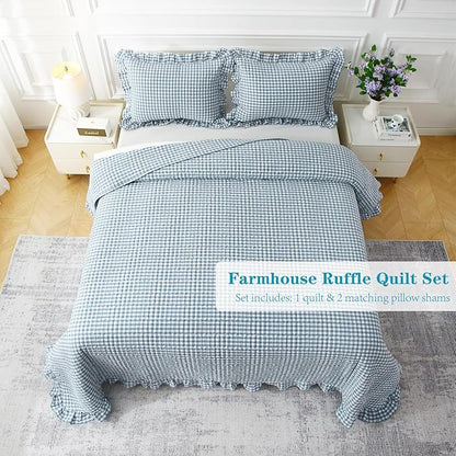 Dust Blue White Ruffle Gingham Quilt Set Queen Size with 2 Pillow Shams, 100% Washed Cotton Yarn-Dyed Quited Bedspread Farmhouse Bedding Set (Dust Blue, Queen) | Ruffle quilt, Gingham quilt, 100% washed cotton