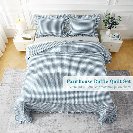 Dust Blue White Ruffle Gingham Quilt Set Queen Size with 2 Pillow Shams, 100% Washed Cotton Yarn-Dyed Quited Bedspread Farmhouse Bedding Set (Dust Blue, Queen) | Ruffle quilt, Gingham quilt, 100% washed cotton