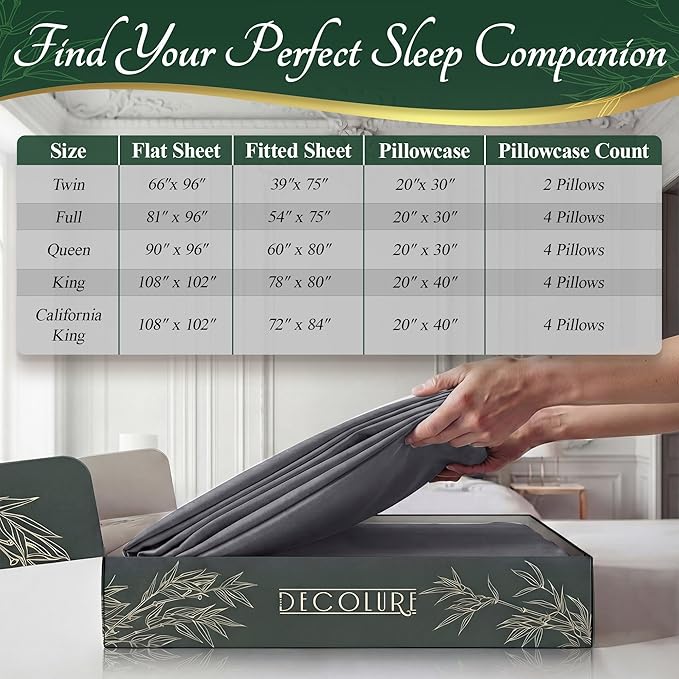 DECOLURE 100% Viscose Derived from Bamboo Sheets Full Size - Luxury 6 Pc Naturally Cooling Sheets, Ultra Soft Bed Set - Deep 17" Pockets, Durable Double Stitching, Oeko Tex Standard (Grey)