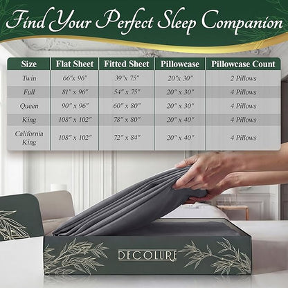 DECOLURE 100% Viscose Derived from Bamboo Sheets Queen Size - Luxury 6 Pc Naturally Cooling Sheets, Ultra Soft Bed Set - Deep 17" Pockets, Durable Double Stitching, Oeko Tex Standard (Grey)
