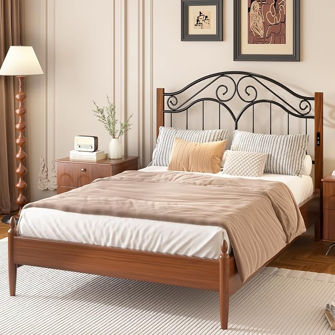 Headboard for Queen Size Bed Frame with Charging Station USB & Type C Ports | Vintage Platform Bed Headboard Only,Adjustable,Iron Legs,Easy Assembly,Black