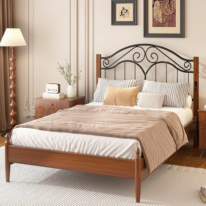 Headboard for Queen Size Bed Frame with Charging Station USB & Type C Ports | Vintage Platform Bed Headboard Only,Adjustable,Iron Legs,Easy Assembly,Black