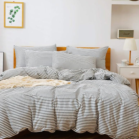 JELLYMONI 100% Natural Cotton 3pcs Striped Duvet Cover Sets,White Duvet Cover with Dark Grey Stripes Pattern Printed Comforter Cover,with Zipper Closure & Corner Ties(Full Size)