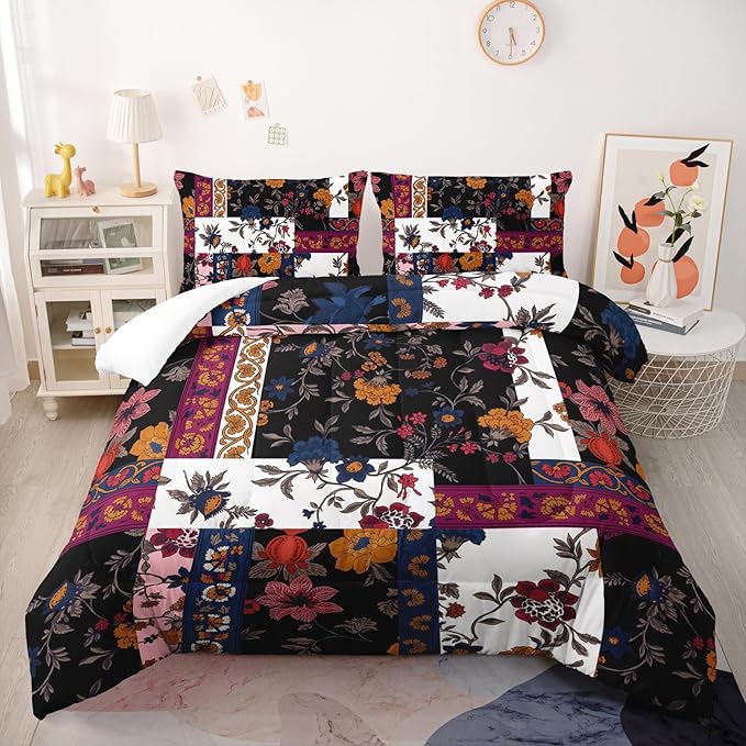 Boho Floral Comforter Set King Size Checkered Flower Bedding Sets 3PCS for Kids Teen Adult Retro Flowers Room Decor Ultra-Soft Lightweight Microfiber 1 Comforter with 2 Pillowcases
