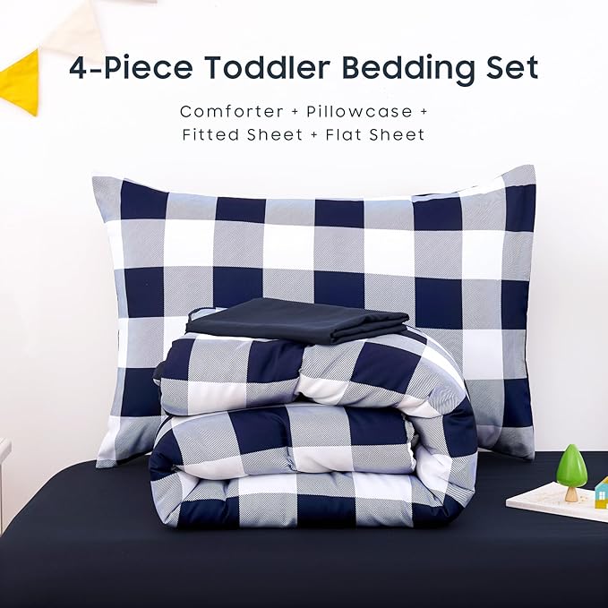 Wake In Cloud - Gingham Toddler Bedding Set for Girls Boys, Cute Plaid Buffalo Check, 4 Pieces Soft Crib Bed Set Including Comforter, Sheets and Pillowcase, Navy Blue