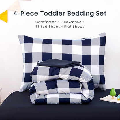 Wake In Cloud - Gingham Toddler Bedding Set for Girls Boys, Cute Plaid Buffalo Check, 4 Pieces Soft Crib Bed Set Including Comforter, Sheets and Pillowcase, Navy Blue