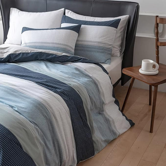 EAVD Cotton Duvet Cover Set Twin White Gray Blue Striped Duvet Cover ModernStyle Geometric Striped Bedding Set for Boys Girls Simple Style Geometric Comforter Cover with Zipper Closure