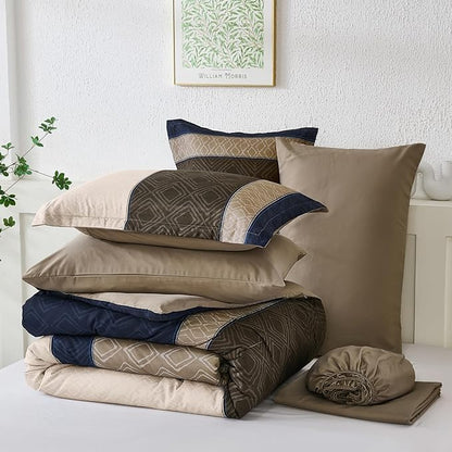 Dinjoy Navy Brown King Size Comforter Set,Striped Boho Bed in a Bag King 7 Pieces Soft Fall Bedding Comforters Sets wiht Sheets Microfiber Complete Bed Sets for All Season