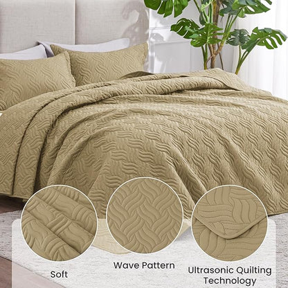 Love's cabin Quilts for Full Bed Camel Bedspreads Bedding Set - Lightweight Bedspread Comforter - Wave Pattern Bedding Coverlet for All Season - 3 Pieces (1 Quilt, 2 Pillow Shams)
