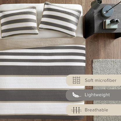 Comfort Spaces Twin Quilt Set Trendy Casual Fun, Vibrant Color Stripes Design, All Season Lightweight Coverlet Bedspread Twin Size Kids Bedding & Sham, Verone, Twin/Twin XL, Grey, 2 Piece