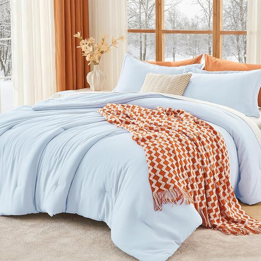 MUXHOMO Queen Comforter Set, All Season Ultra Soft Down Alternative Bedding - 3 Piece Lightweight Bed Set Includes 1 Comforter (90"x90") and 2 Pillow Shams (20"x26"), Light Blue