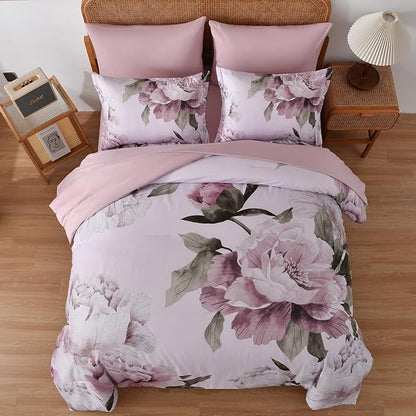 Dobuyly Pink Floral Comforter Set Queen 7 Piece Bed in a Bag, Blush Flowers Printed on Light Pink Comforter Set with Sheets, Soft Microfiber Botanical Bedding Set for All Season