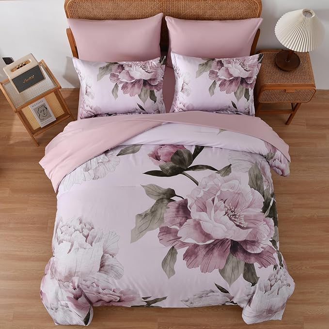Dobuyly Pink King Size Comforter Set 7 Piece Bed in a Bag, Blush Floral Printed on Light Pink Comforter Set with Sheets, Soft Microfiber Botanical Flower Bedding Set for All Season