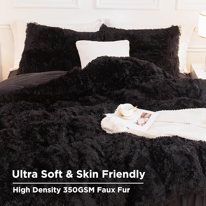 Andency Queen Comforter Set Black, Fluffy Winter Faux Fur Warm Soft Plush Bedding Comforter Set (1 Velvet Comforter & 2 Pillowcases), Fuzzy Thick Heavy Puffy Comforters Bed Set