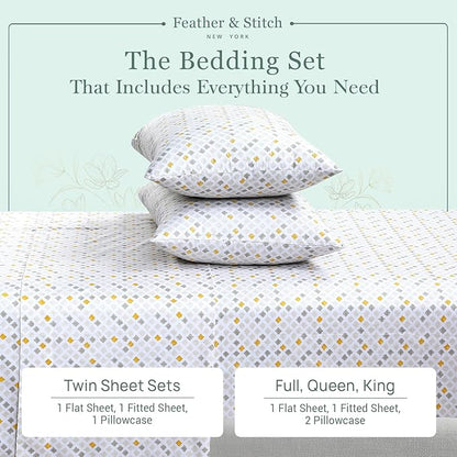 Feather & Stitch Softest 100% Cotton Sheets, 300 Thread Count Percale Weave Bedding, 16" Deep Pocket, Cooling Sheets, Breathable Bed Set, Hotel Premium Quality (King, Yellow Diamond)