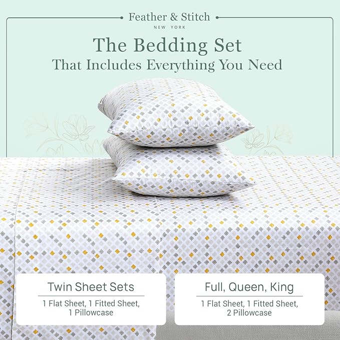 Feather & Stitch Softest 100% Cotton Sheets, 300 Thread Count Percale Weave Bedding, 16" Deep Pocket, Cooling Sheets, Breathable Bed Set, Hotel Premium Quality (Full, Yellow Diamond)