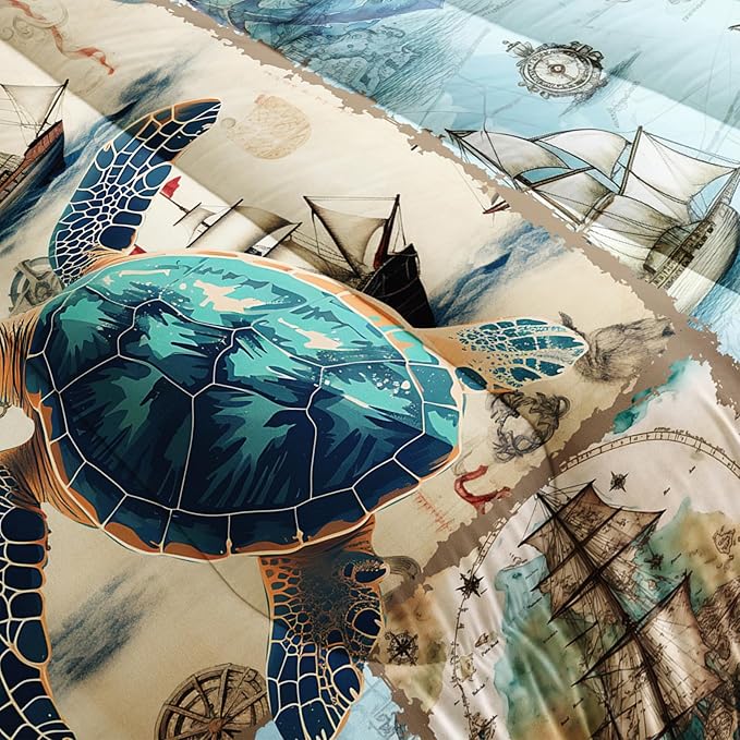 Sea Turtle Comforter Set Queen Navigation Theme Bedding Sets 3PCS for Kids Teen Adult Sailboats Room Decor Ultra-Soft Lightweight Microfiber 1 Comforter with 2 Pillowcases