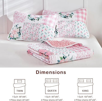 Joyreap 3 Pieces Floral Patchwork Quilt Set Queen, Pink n White Flowers Design, Soft n Cozy Microfiber Quilt, Bedspread Bed Cover for All Season, 1 Quilt and 2 Pillow Shams- 90x90 inches