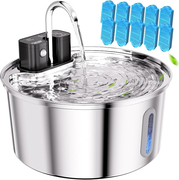 Tomxcute Wireless Cat Fountain 10 Filters -108oz Cordless Battery Operated | Quiet Pump Stainless Steel Pet Fountain with 3 Smart Water Supply Modes Rechargeable Water Dispenser for Cats, Dogs, Pets