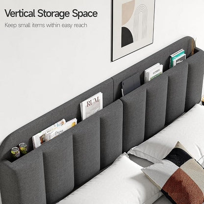 Adjustable Headboard for King/California King Size Bed Frame, Linen Fabric Bed Headboard with Storage & RGB LED Light in Modern Vertical Channel Design, Dark Grey