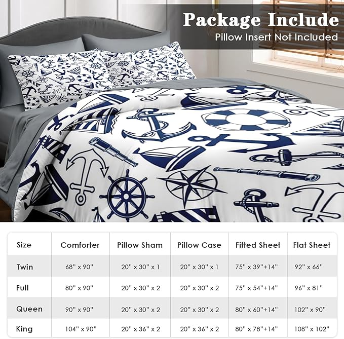Comforter Set Twin Size, Nautical Anchors Navy Blue 5 Pcs Bedding for Kids and Adults, Retro Sailor Lighthouse Bed Sheet Sets with Fitted Sheet Pillowcase & Sham for Bedroom Bed Decor