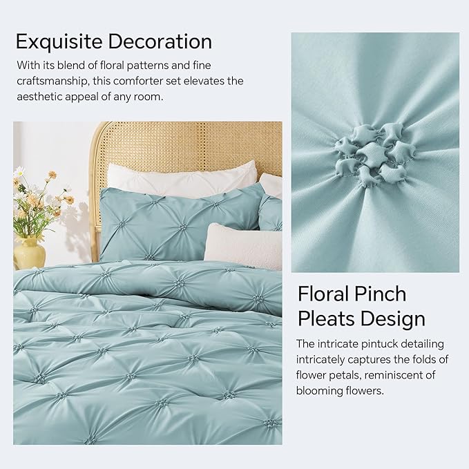 BEDELITE Dusty Blue King Size Comforter Set - 3 Pieces Boho Pintuck Bedding Comforter Sets, Lightweight Soft & Warm King Bedding Set with 2 Pillowcases for All Season
